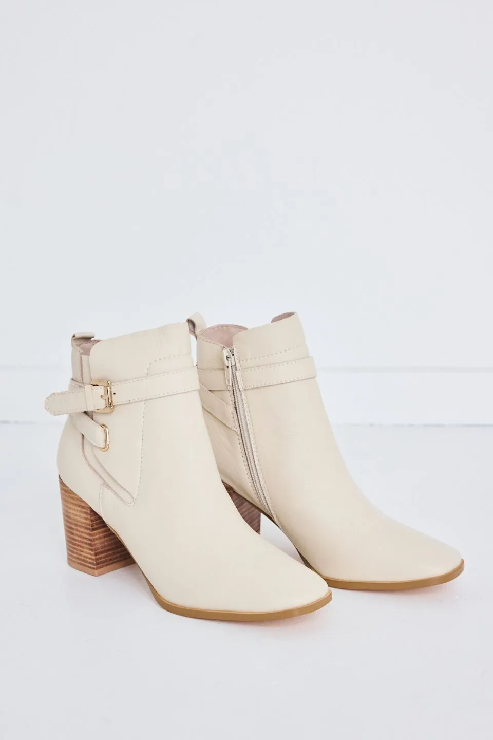 Adelaide Cream Buckle Ankle Mid Heel Boot