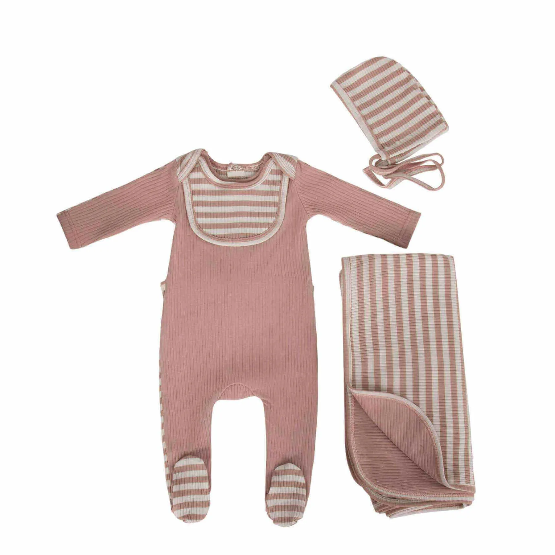 Cadeau Baby Girl Layette Set (Ribbed Footie , Bonnet & Blanket)