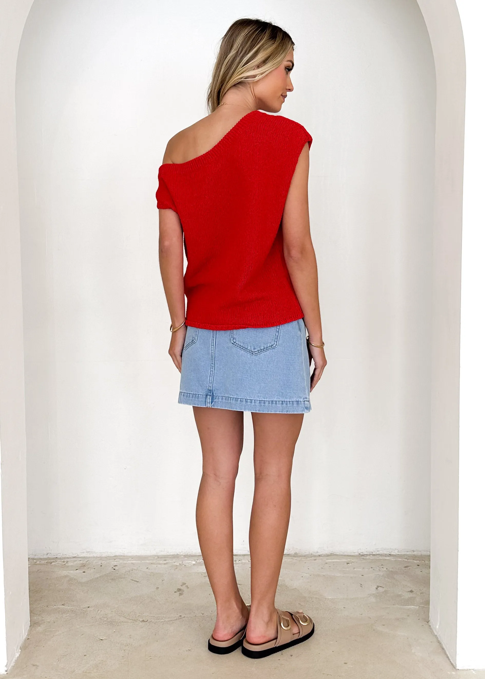 Casoni One Shoulder Knit Top - Red