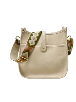 Cream Vintage Vegan Leather Messenger Bag with Aztec Strap