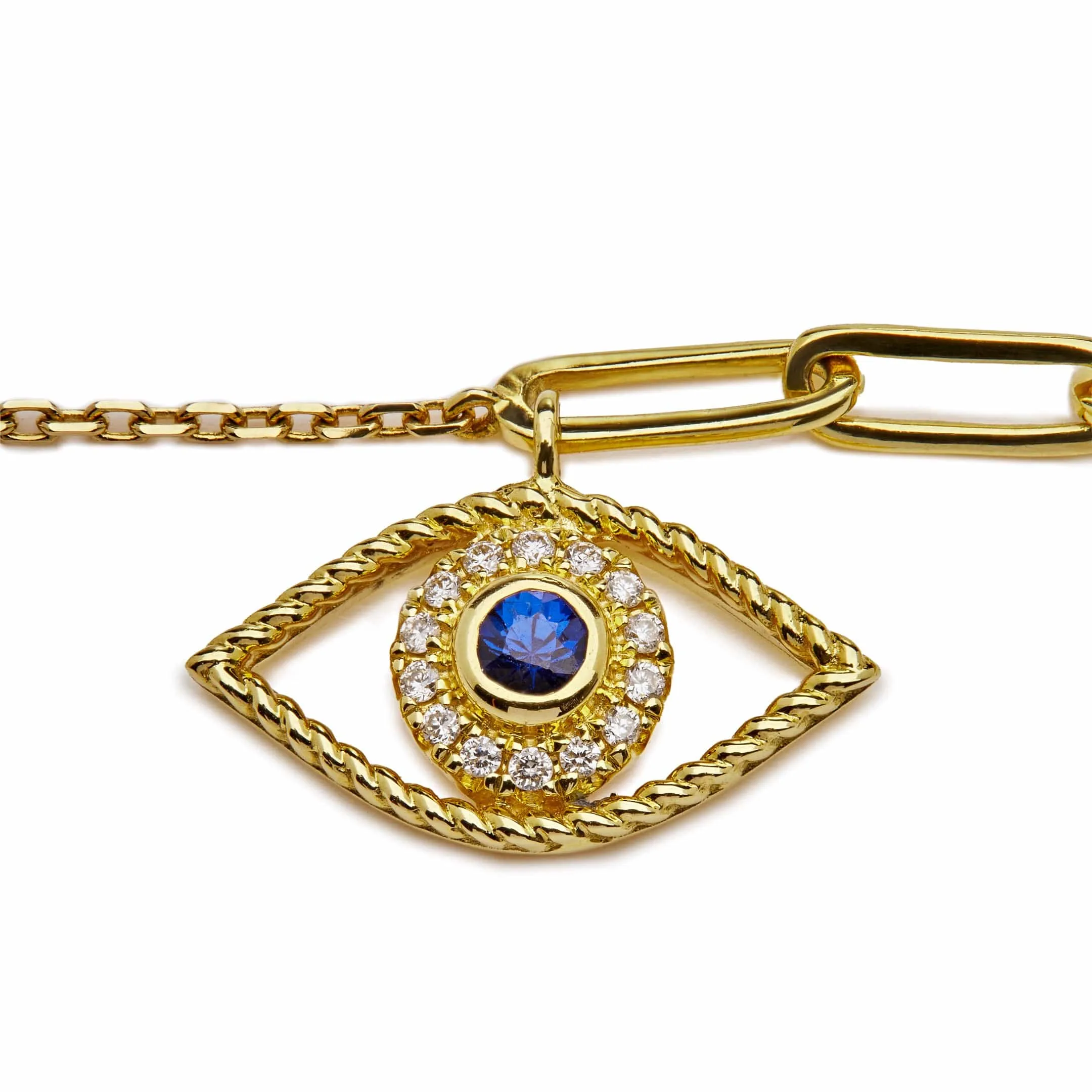 Evil Eye Blue Sapphire and White Diamond Yellow Gold Chain Bracelet