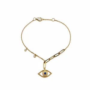 Evil Eye Blue Sapphire and White Diamond Yellow Gold Chain Bracelet