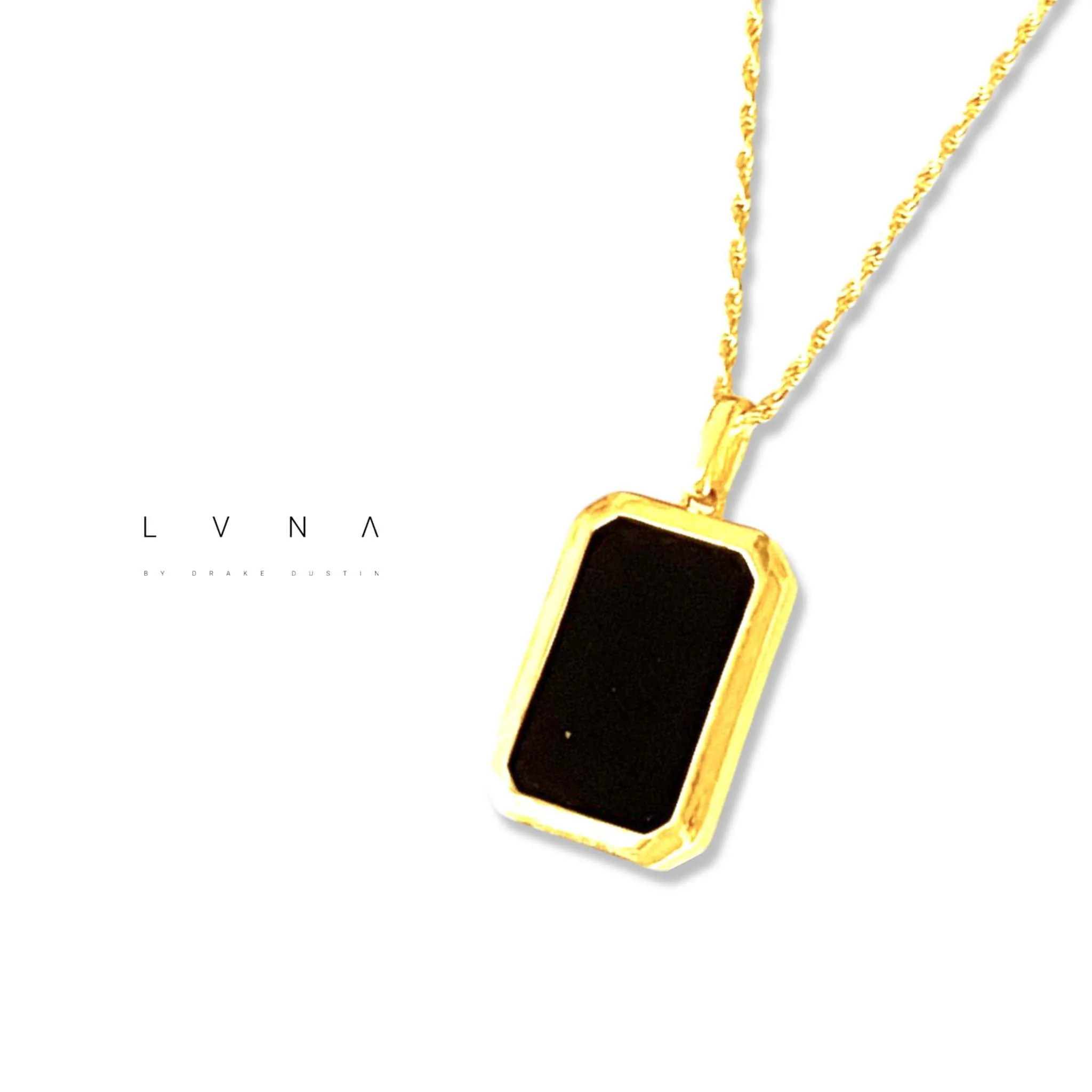 #GOLD2024 | 18K Golden Black Onyx Bar Pendant Necklace Rope Chain 17.5”