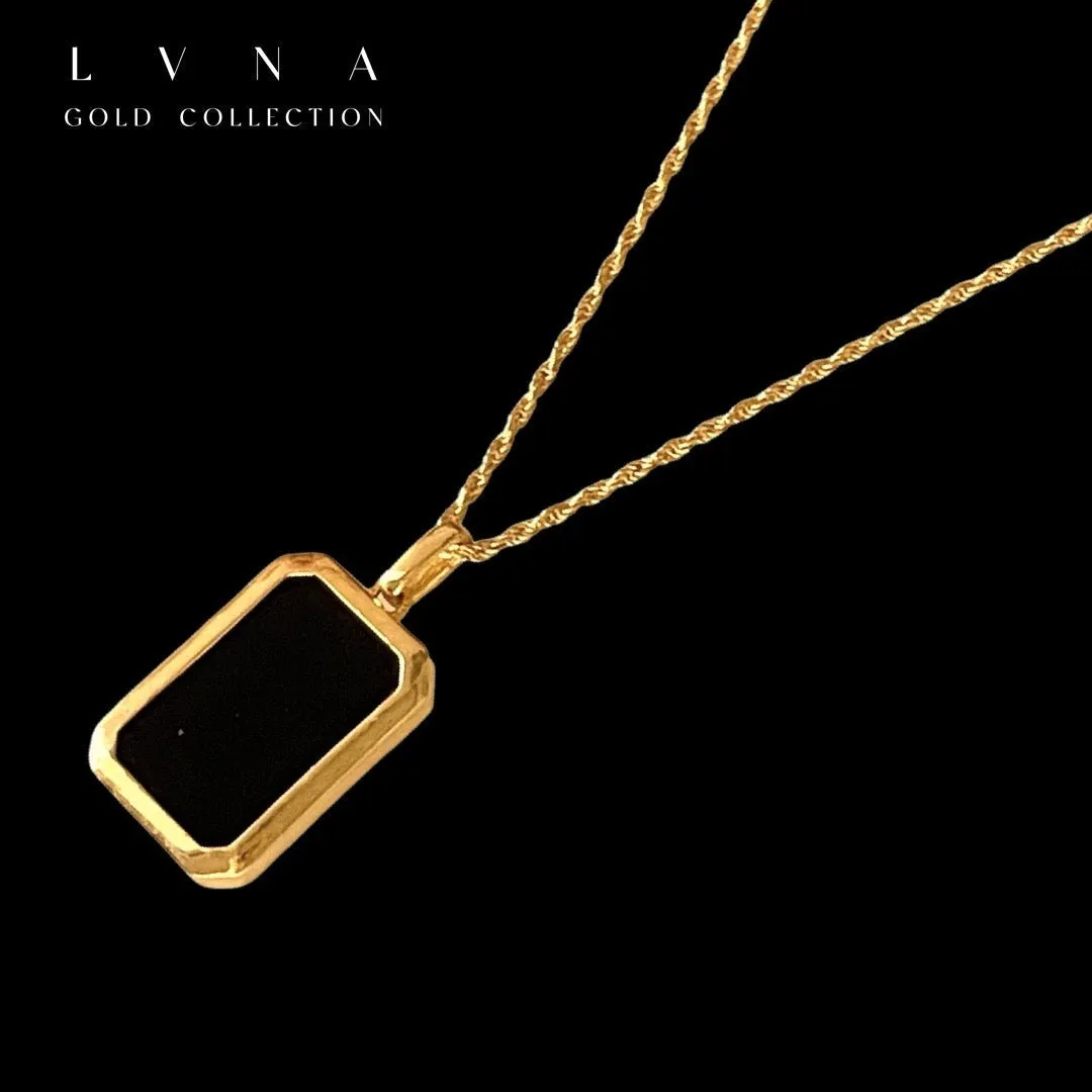 #GOLD2024 | 18K Golden Black Onyx Bar Pendant Necklace Rope Chain 17.5”