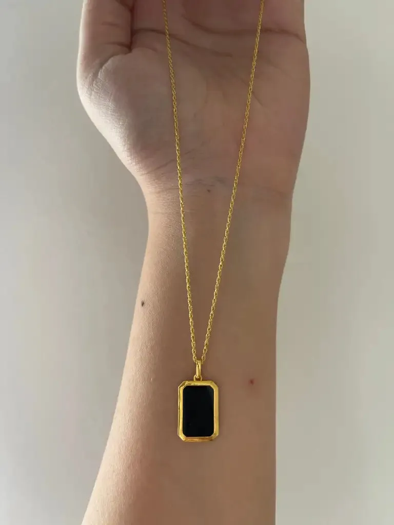 #GOLD2024 | 18K Golden Black Onyx Bar Pendant Necklace Rope Chain 17.5”