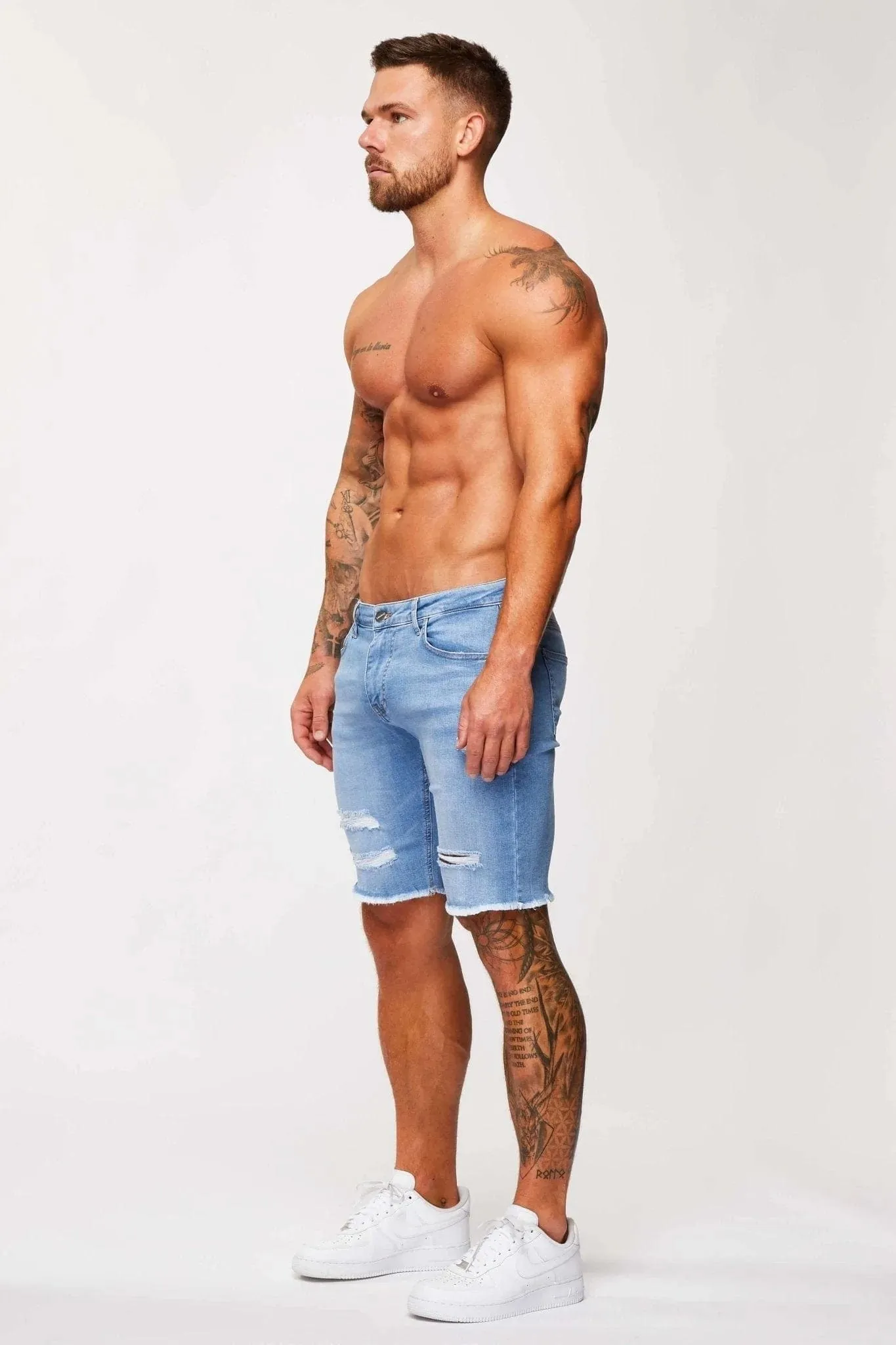 LIGHT BLUE DENIM SHORTS - RIPPED & REPAIRED