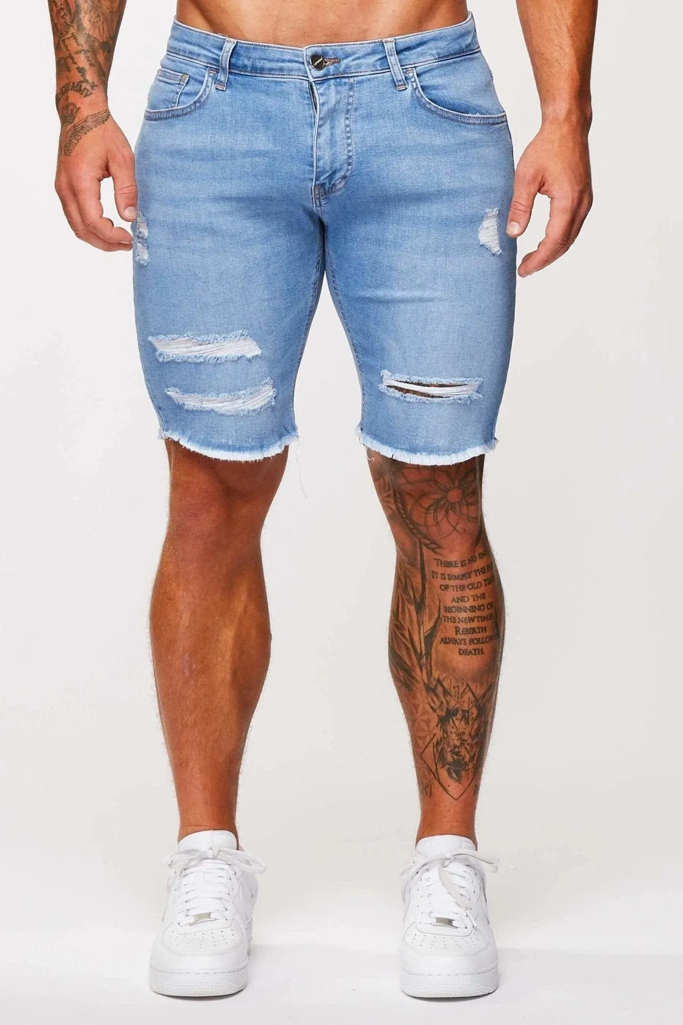 LIGHT BLUE DENIM SHORTS - RIPPED & REPAIRED