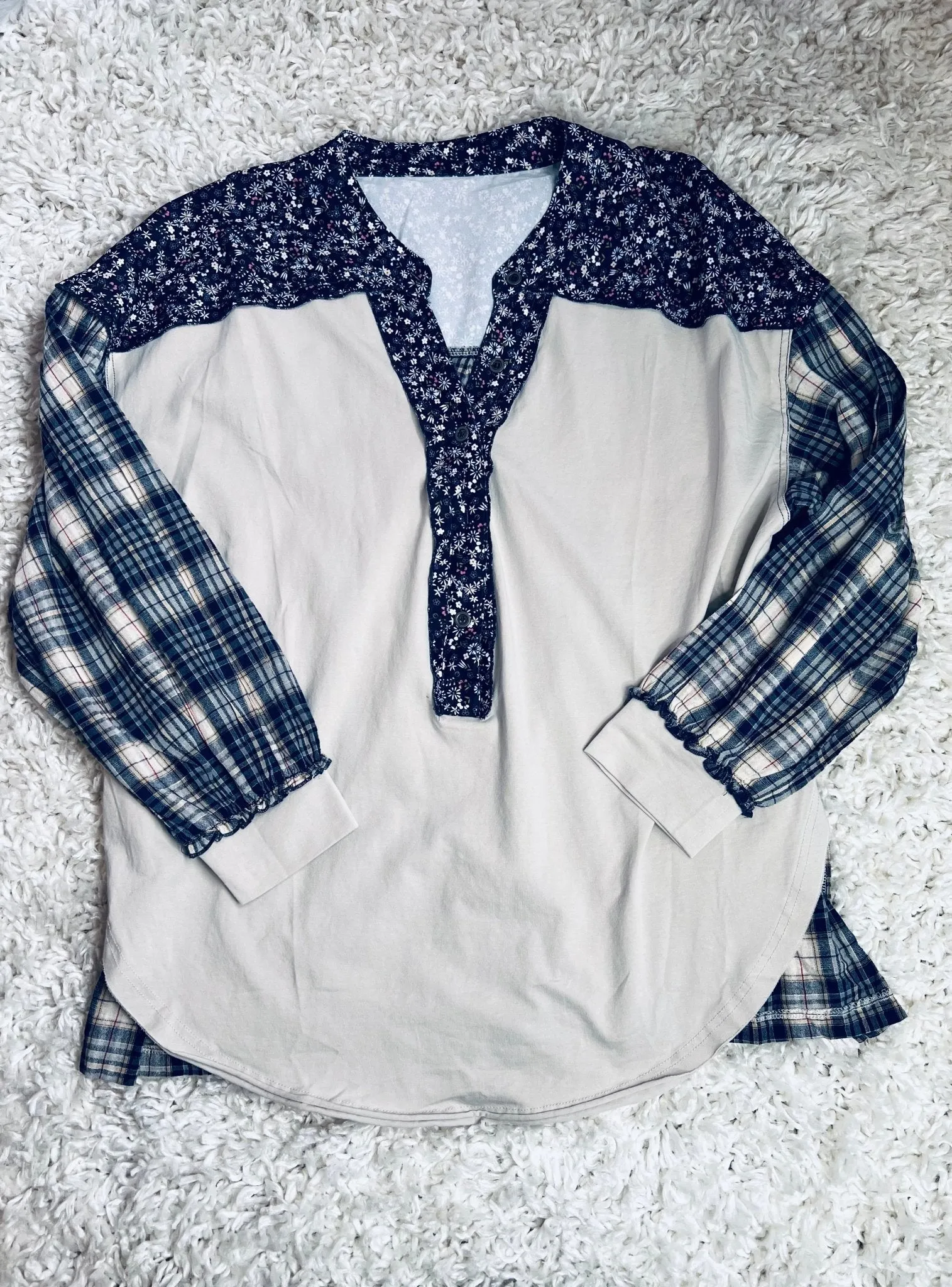 Mixed Print Half Button Pullover