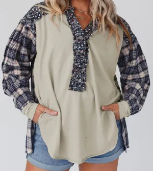 Mixed Print Half Button Pullover