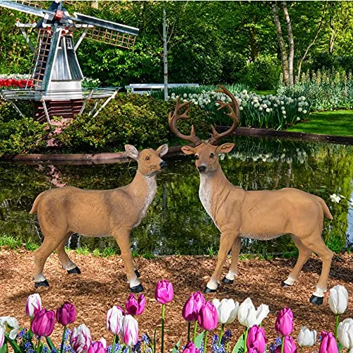 XTAPAN 20.5" Resin Standing Buck & 14.2" Resin Doe Deer Statues Figurine Sculpture Lawn Ornaments Yard Art Garden Statues and Figurines Outdoors Decorations for Home Office Decor Housewarming